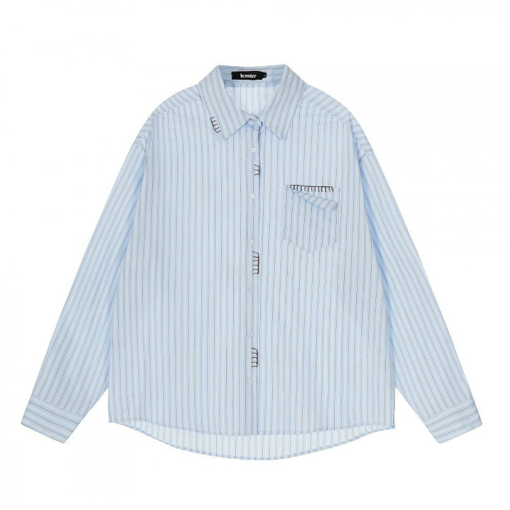 Men's Loose Oversized Shirt with Pinstripes, Chest Pocket and Contrast Stitches Mune Fashion
