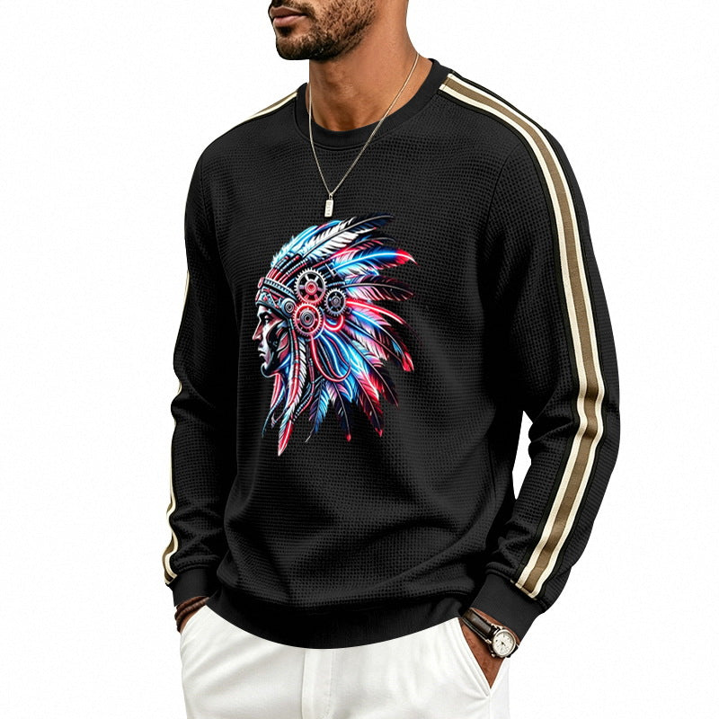 Men's sweatshirt with feather headpiece print, waffle structure and contrasting shoulder stripes Mune Fashion