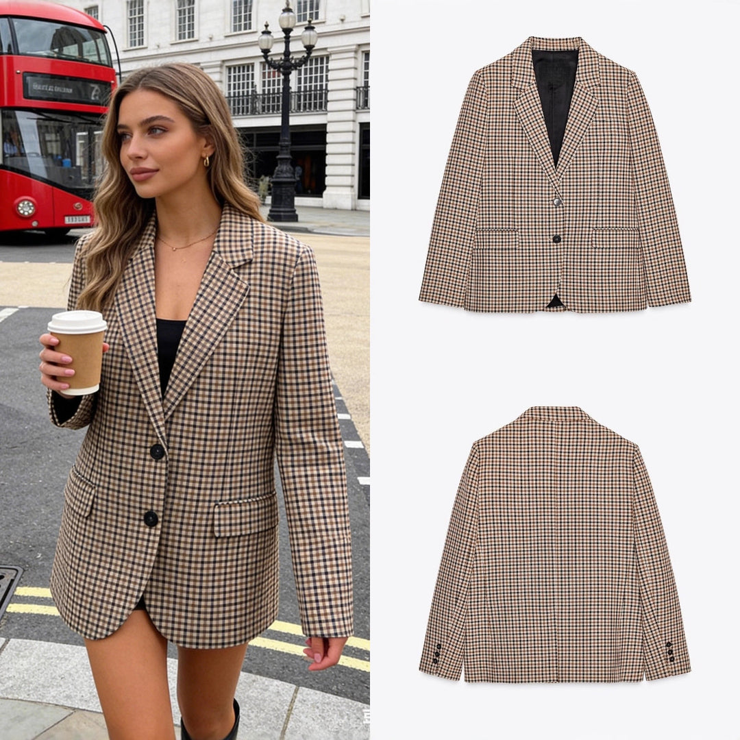 Women's Check Blazer in Modern Tailoring with Notch Lapel, Two-Button Closure and Lined Flap Pockets Mune Fashion