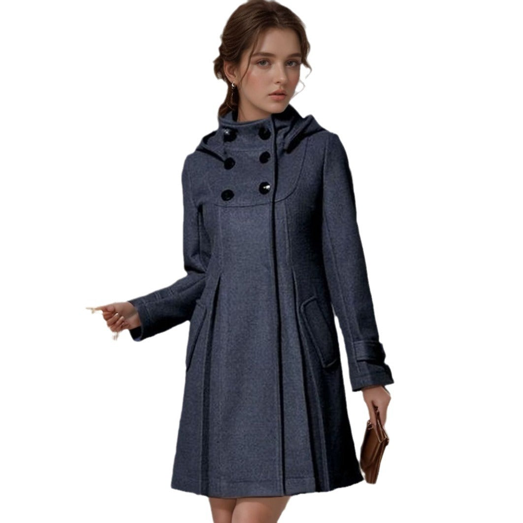 Women A-line wool coat with high standing collar, hooded look, and double-breasted Mune Fashion