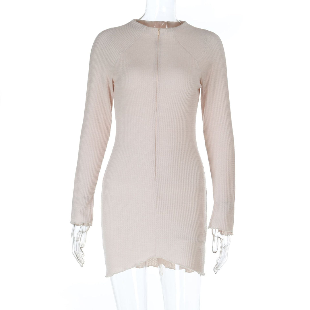 Women's Figure-Hugging Ribbed Knit Mini Dress with Front Zipper and Stand Collar Mune Fashion