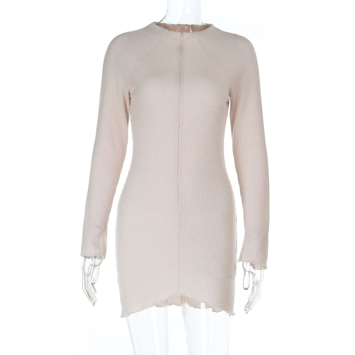Women's Figure-Hugging Ribbed Knit Mini Dress with Front Zipper and Stand Collar Mune Fashion