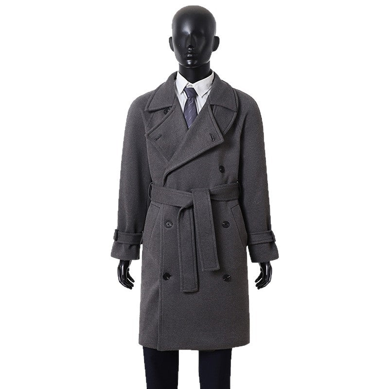 Men's Maxi-Length Double-Breasted Wool Mix Coat with High Stand Collar, Waist Belt and Adjustable Cuff Straps Mune Fashion