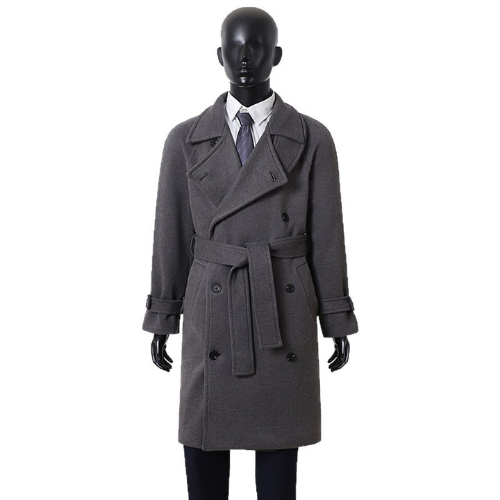Men's Maxi-Length Double-Breasted Wool Mix Coat with High Stand Collar, Waist Belt and Adjustable Cuff Straps Mune Fashion