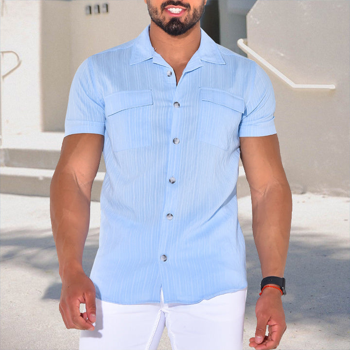 Men's Tailored Short Sleeve Shirt with Structure Stripes, Camp Collar and Chest Pockets Mune Fashion