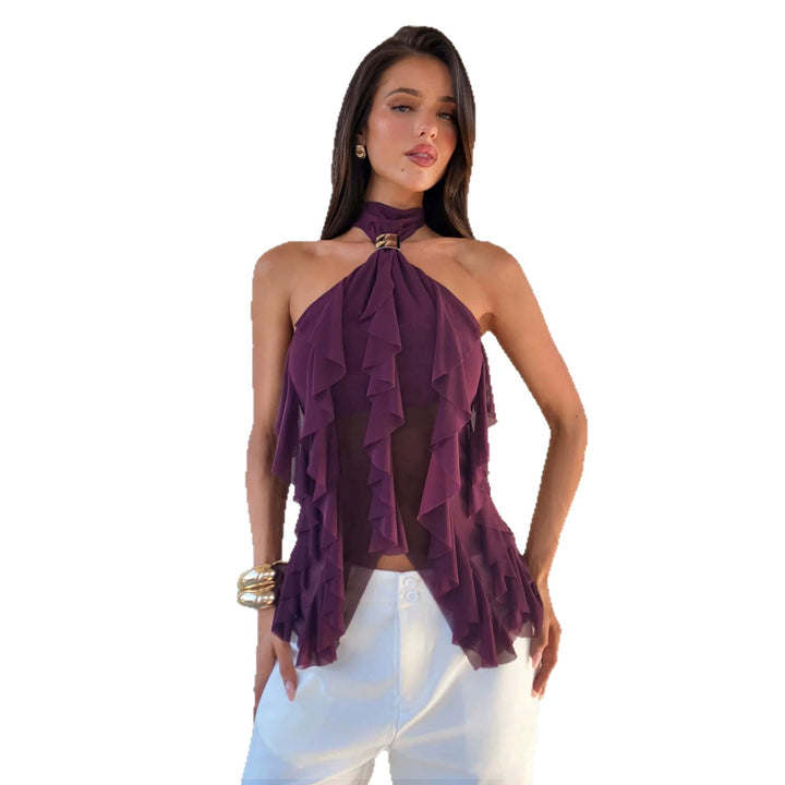 Women's Chiffon Halter Top with Decorative Metal Ring and Layered Ruffles Mune Fashion