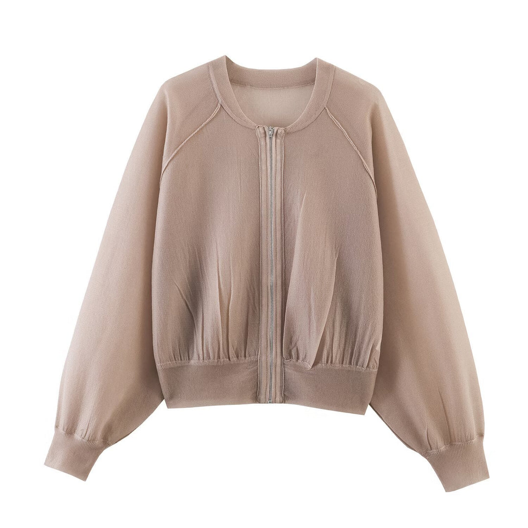Women Lightweight Knit Bomber with Zipper, Balloon Sleeves and Gathered Hem Mune Fashion