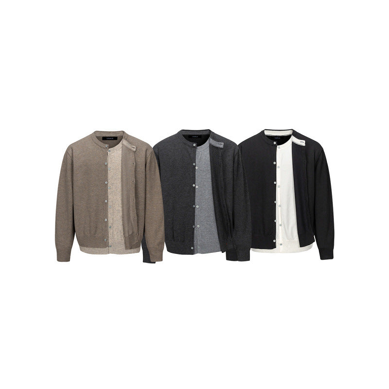 Men's fine knit cardigan with two-layer look, round neck and continuous button placket Mune Fashion