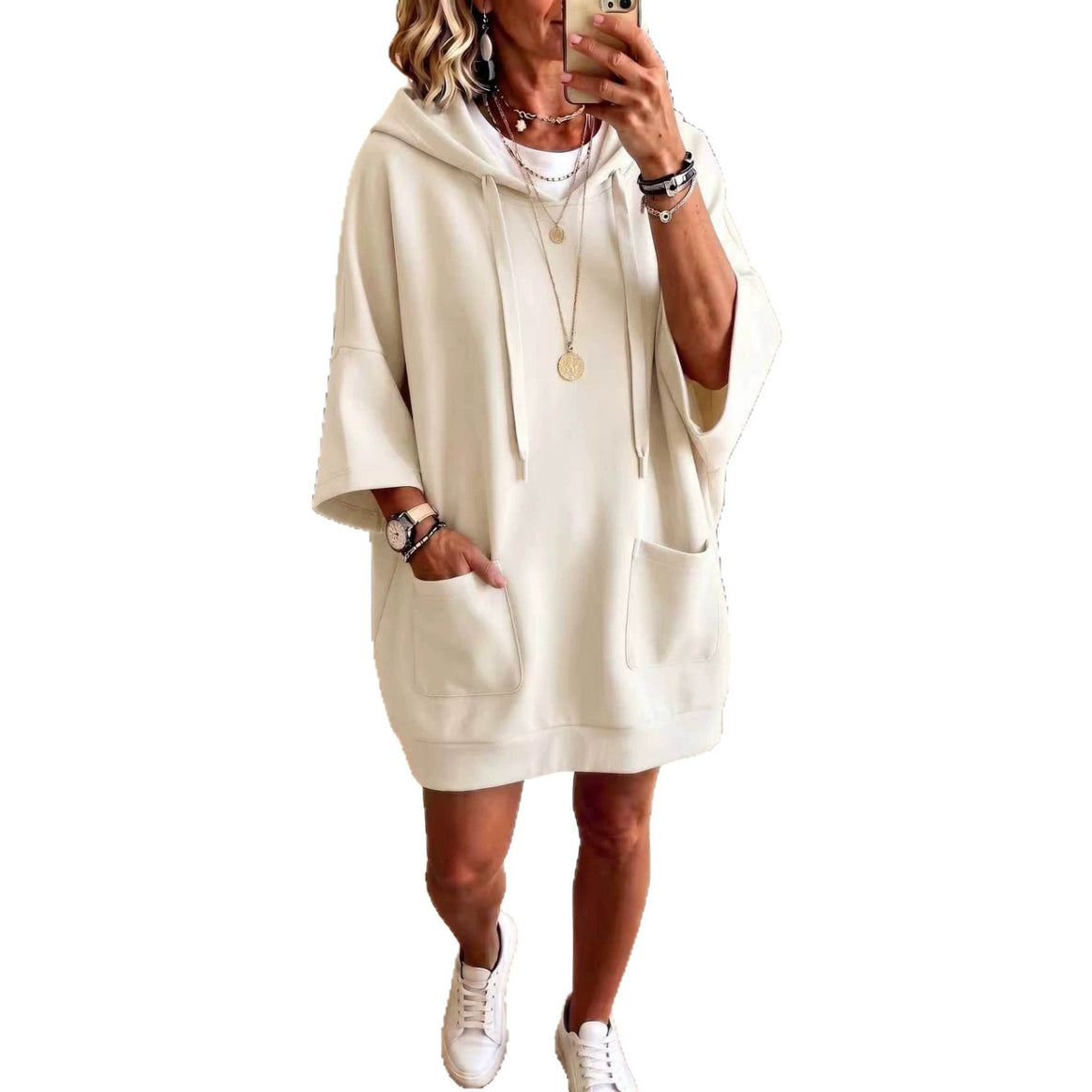Women's Oversize Hoodie Dress with Kangaroo Pockets and Half-Length Sleeves Mune Fashion