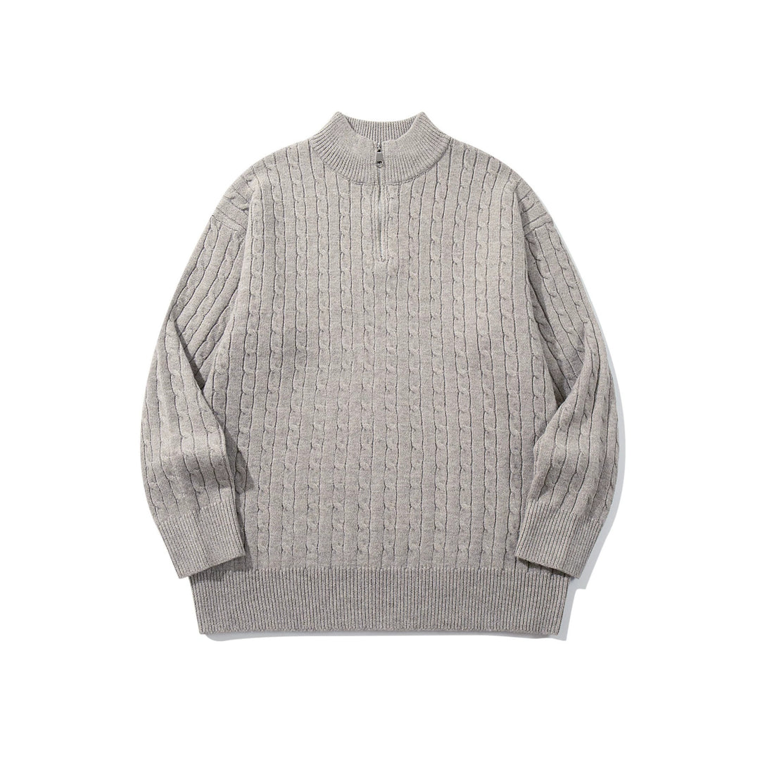 Unisex Cable Pattern Half-Zip Knit Sweater with High Ribbed Collar and Longer Hem Down