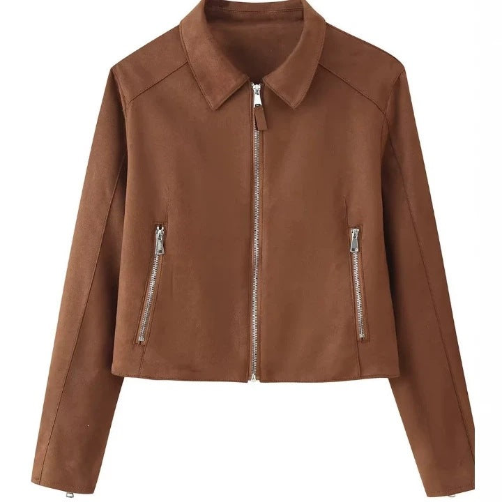 Women's Cropped Suede Jacket with Shirt Collar, Full Metal Zipper and Zipper Pockets Mune Fashion