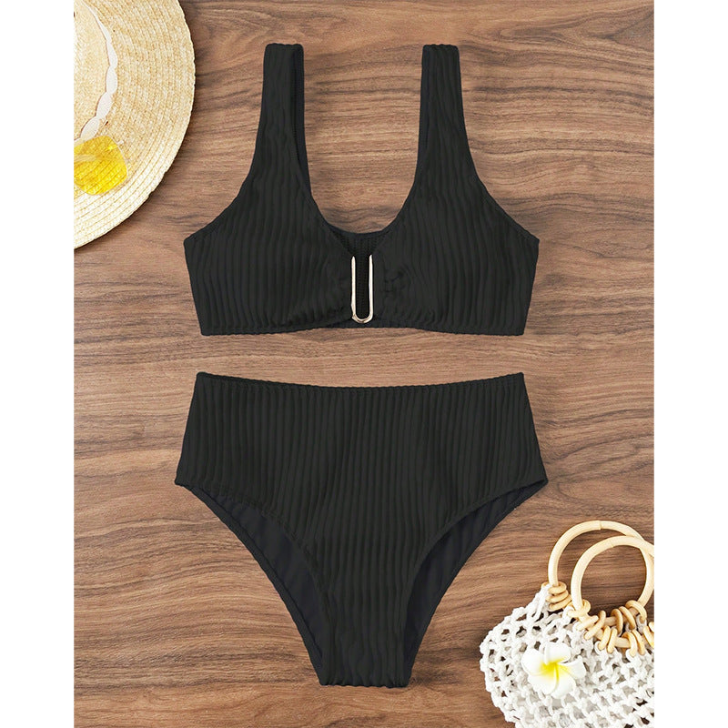 Ladies High-Waisted Bikini Set with Elegant Striped Pattern Mune Fashion