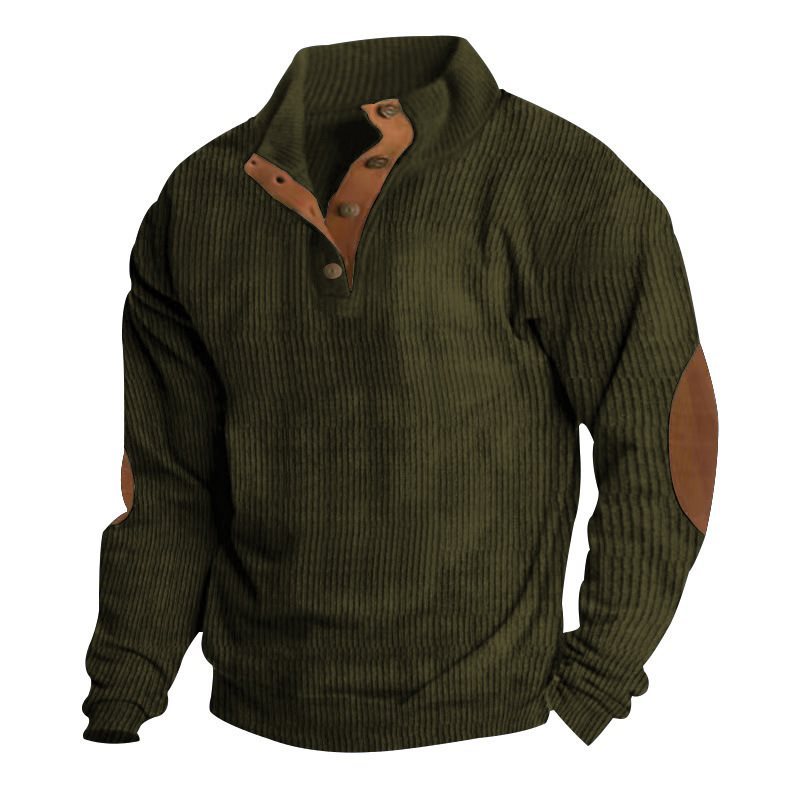 Men's Structured Sweater with Henley Button Placket, Elbow Patches and Two-Tone Block Mune Fashion