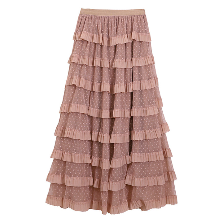 Women's multi-layered midi skirt with polka dot chiffon ruffles and elastic comfort waistband Mune Fashion