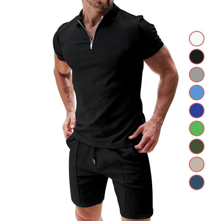 Men's casual polo shirt and chino shorts set with half zipper, textured jersey and subtle crease Mune Fashion