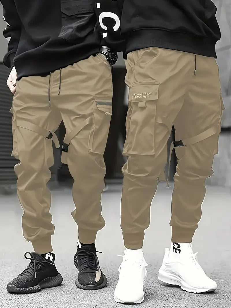 Men's Technical Cargo Jogging Pants with Multiple Pockets, Belt Straps & Elastic Cuffs Mune Fashion