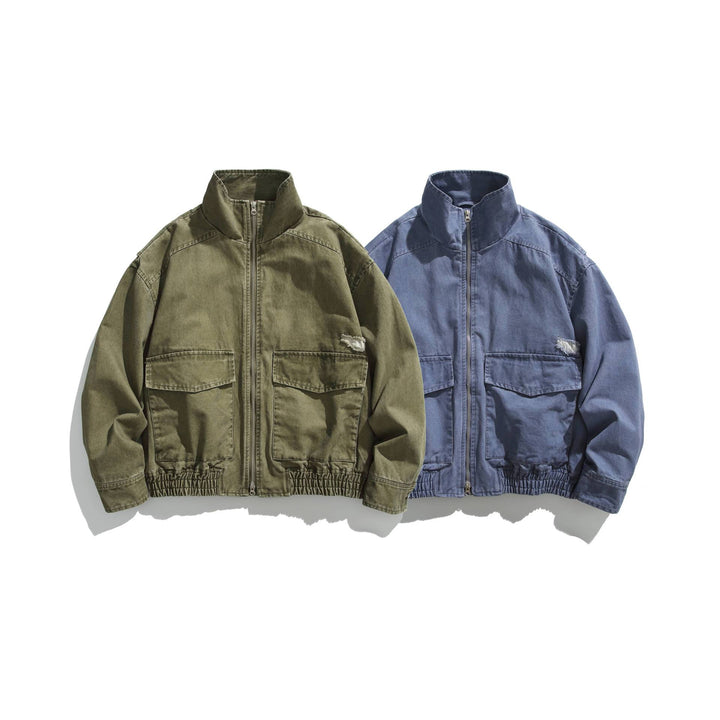 Unisex Short Jacket in Vintage Canvas with High Stand-Up Collar and Utility Pockets Mune Fashion