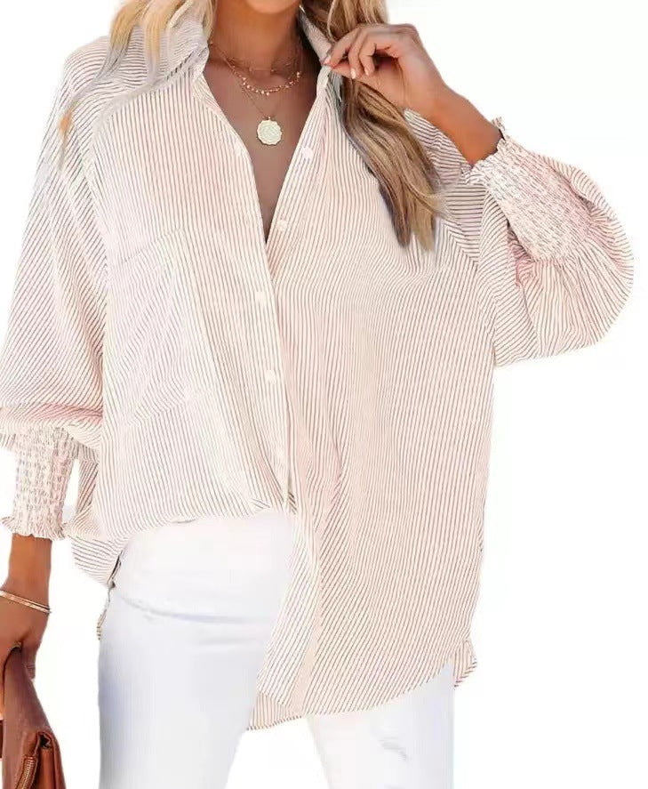 Women's loose fit striped blouse with shirt collar and gathered cuffs Mune Fashion