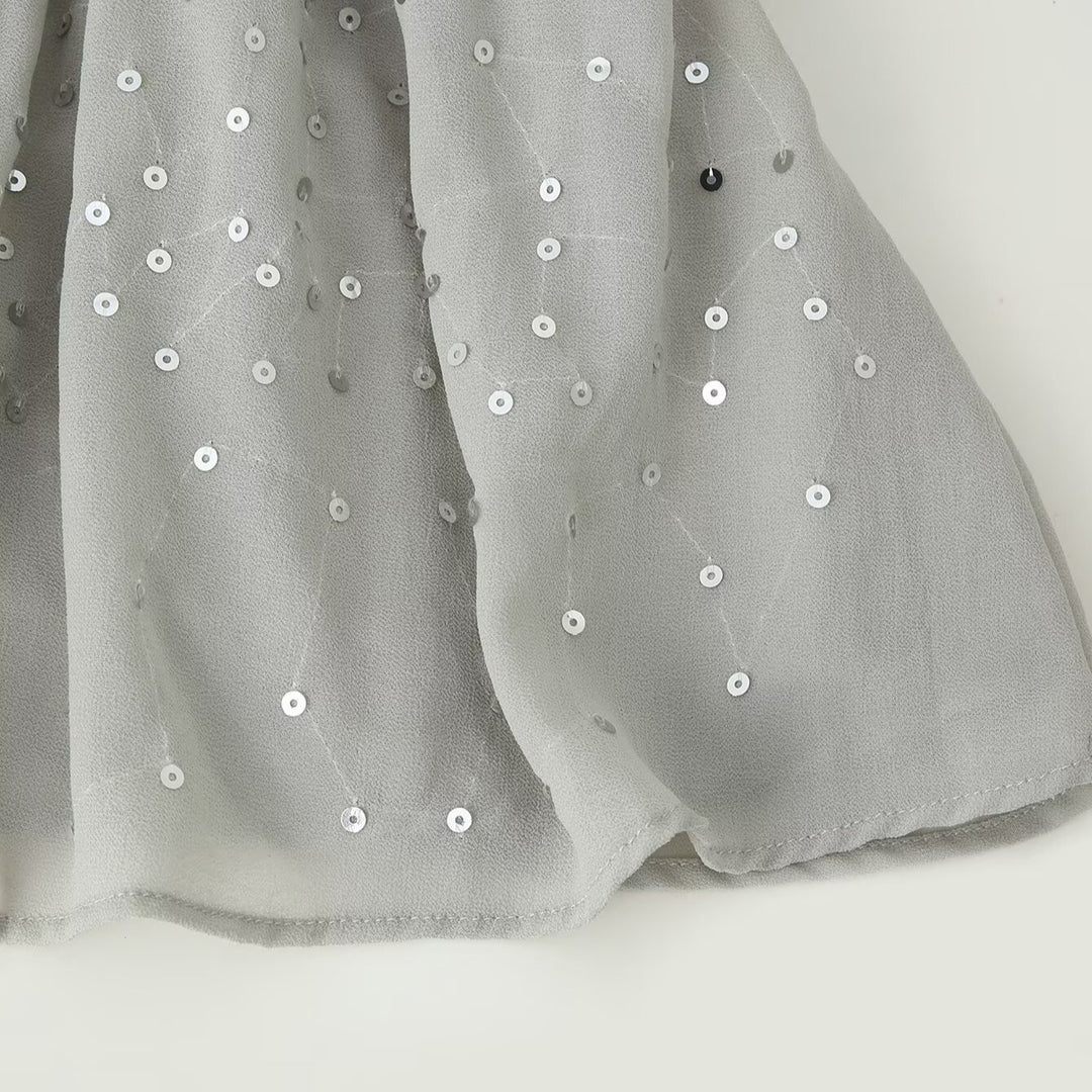 Women Chiffon Mini Dress with Ruffled Collar, Balloon Sleeves and Sequin Decoration Mune Fashion