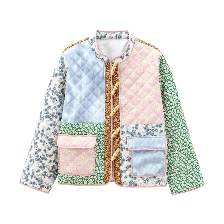 Ladies' retro-inspired quilted patchwork jacket with stand-up collar, wood button closures, and flap pockets Mune Fashion