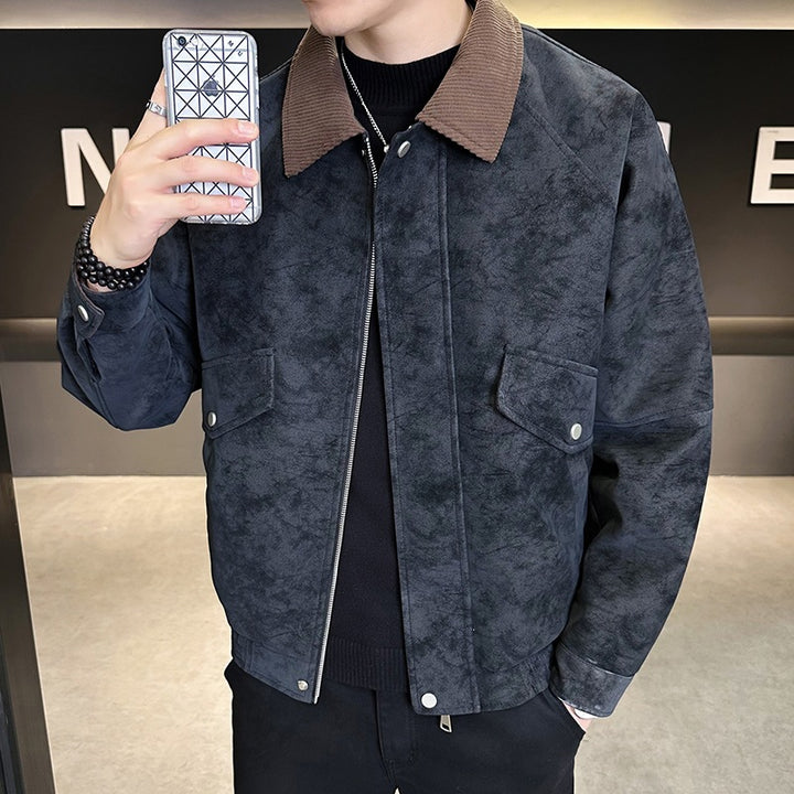 Men's Oversized Velour-Look Transitional Blouson with Shirt Collar, Zipper & Elastic Hem