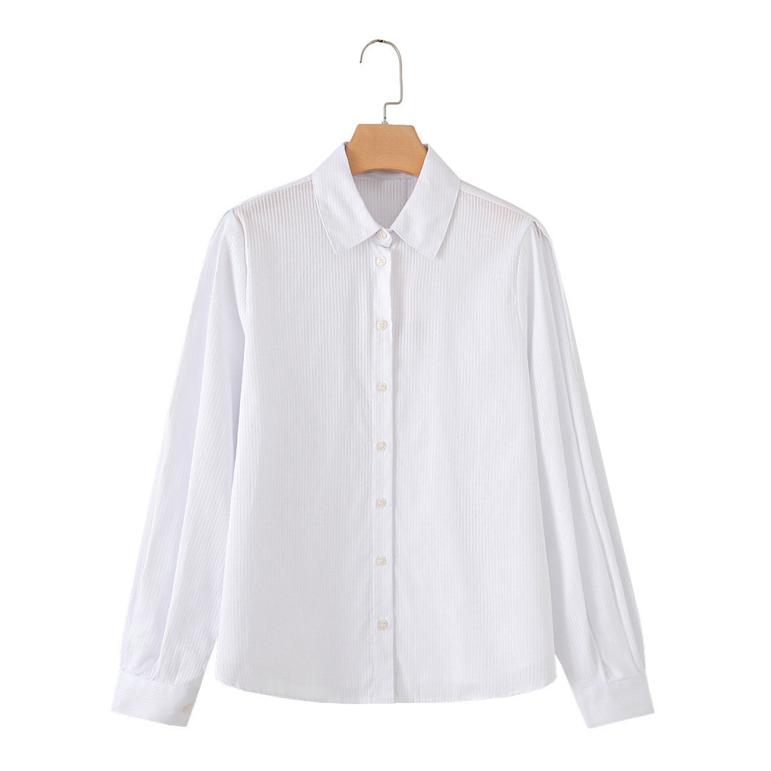 Women Loose Fit Striped Blouse with Kent Collar Continuous Button Placket and Cuffs Mune Fashion
