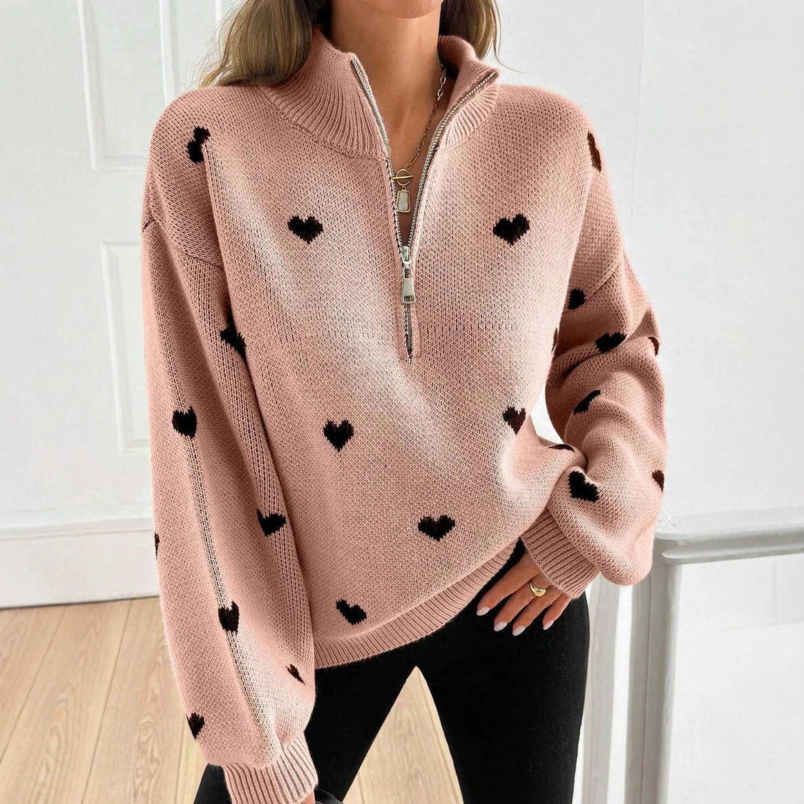 Women's Oversized Knit Sweater with Half-Zip and Heart Design Mune Fashion