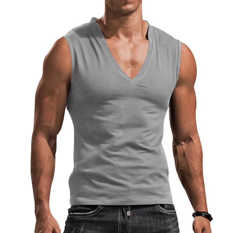Men's sleeveless muscle shirt with deep V-neck made of stretchy jersey and close-fitting design Mune Fashion