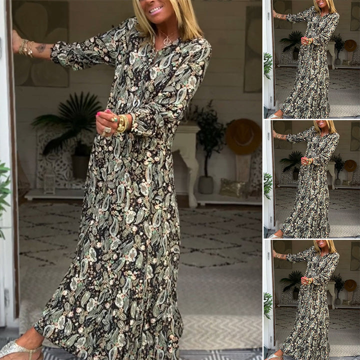 Women's Boho Maxi Dress with Paisley Print, V-Neck, Gathered Waist yoke and Ruffle Hem Mune Fashion