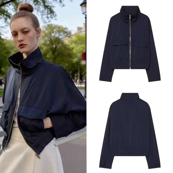 Women's Short Bomber Jacket with Stand-Up Collar, Zipper and Chest Flap Pockets Mune Fashion