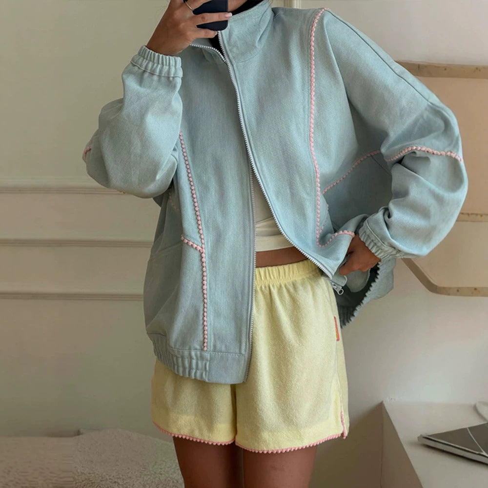 Women's Terry Loungewear Set with Zip Jacket, Oversized Cut & Pom Pom Trim Mune Fashion