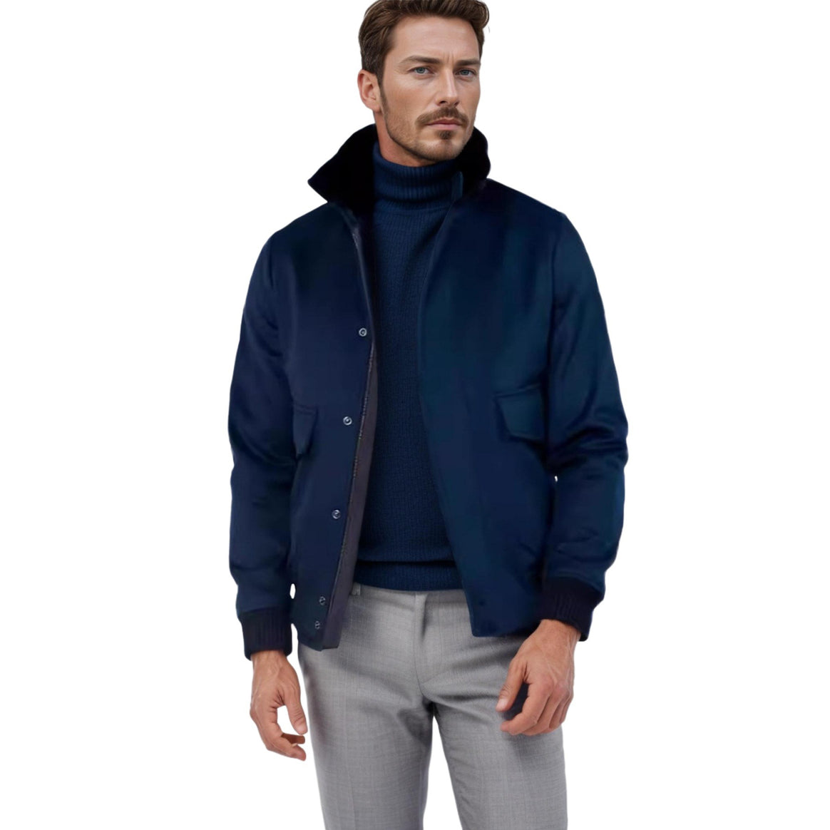 Men's bomber jacket with stand-up collar, snap button placket, and patch pockets Mune Fashion