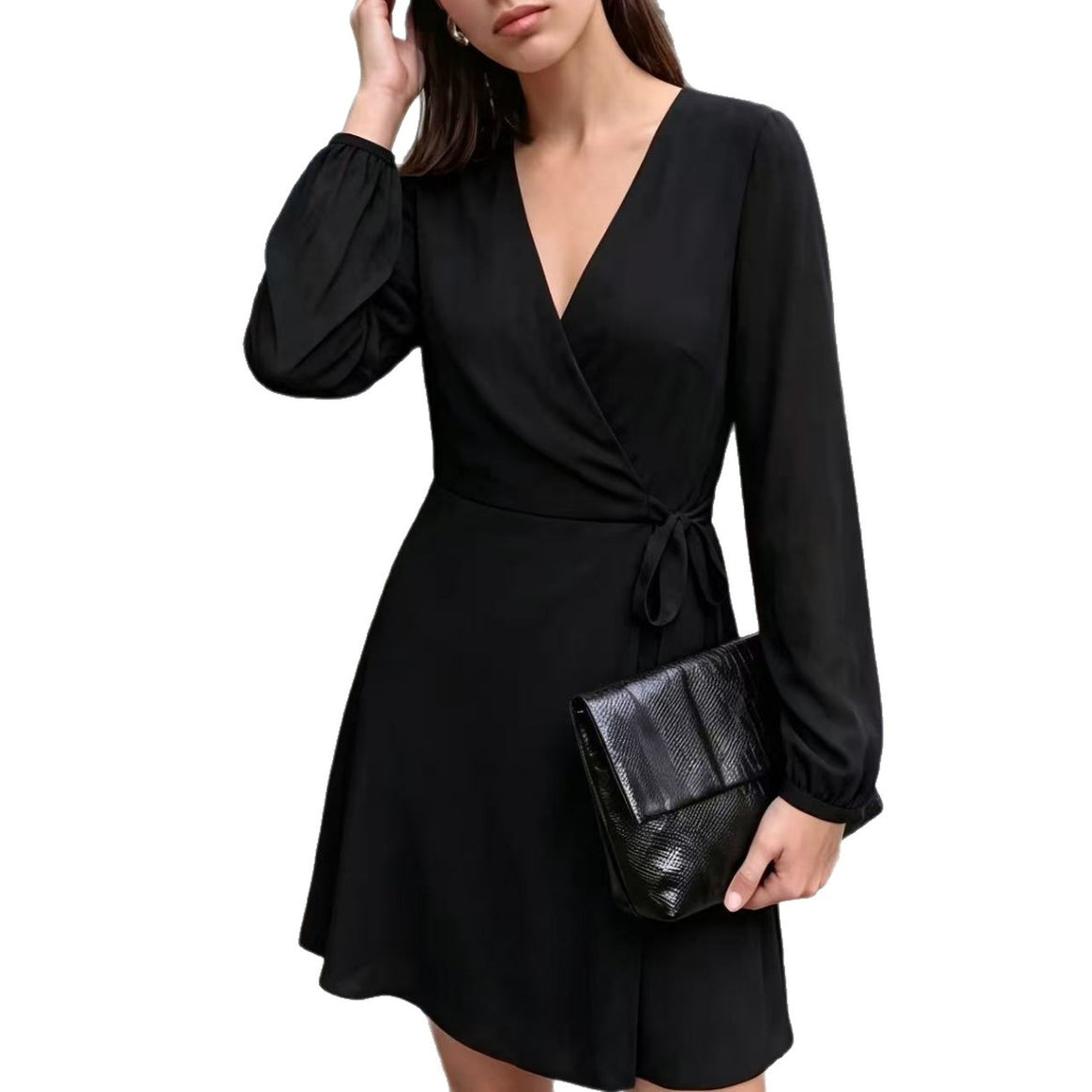 Ladies Elegant Wrap Mini Dress with Deep V-Neck and Long Sleeves Mune Fashion