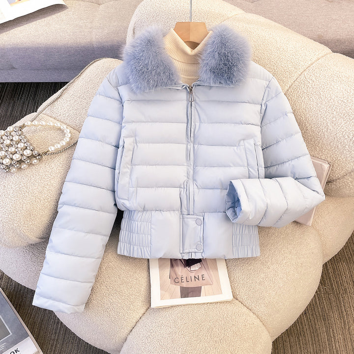 Women's short quilted bomber jacket with removable fur collar and fitted ribbed waistband Mune Fashion