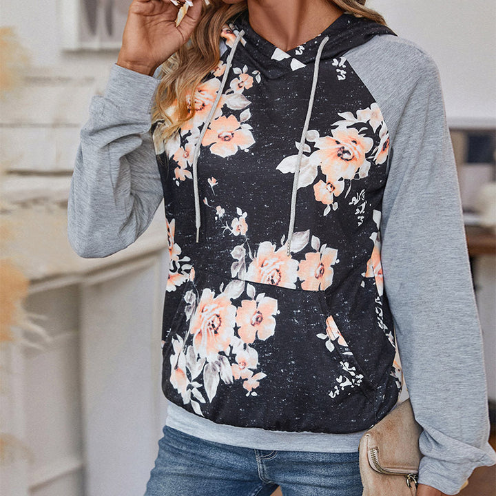 Women's Casual Hoodie with Floral Vintage Print, Raglan Sleeves and Kangaroo Pocket Mune Fashion