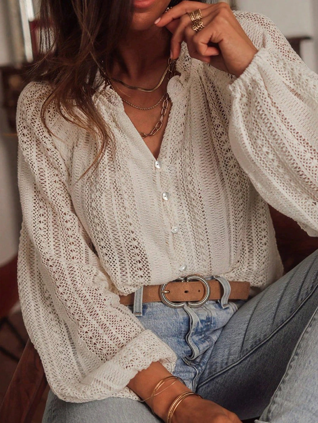 Ladies' crochet blouse with button placket and balloon sleeves Mune Fashion