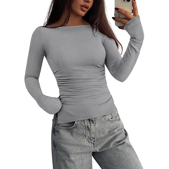 Women's Fitted Long Sleeve Top with Wide Boat Neck, Side Gathering and Extended Sleeve Cuffs Mune Fashion