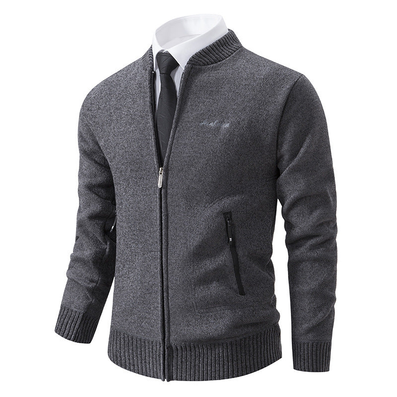 Men's lightweight business knit cardigan with concealed front zipper, zippered pockets, and ribbed hem Mune Fashion