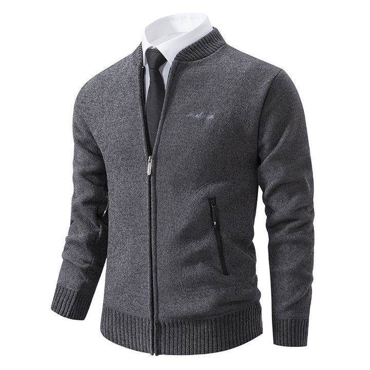 Men's lightweight business knit cardigan with concealed front zipper, zippered pockets, and ribbed hem Mune Fashion