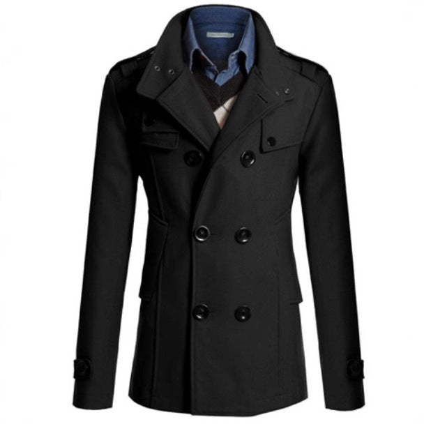 Men's tailored double-breasted short coat with stand-up collar and shoulder flaps Mune Fashion