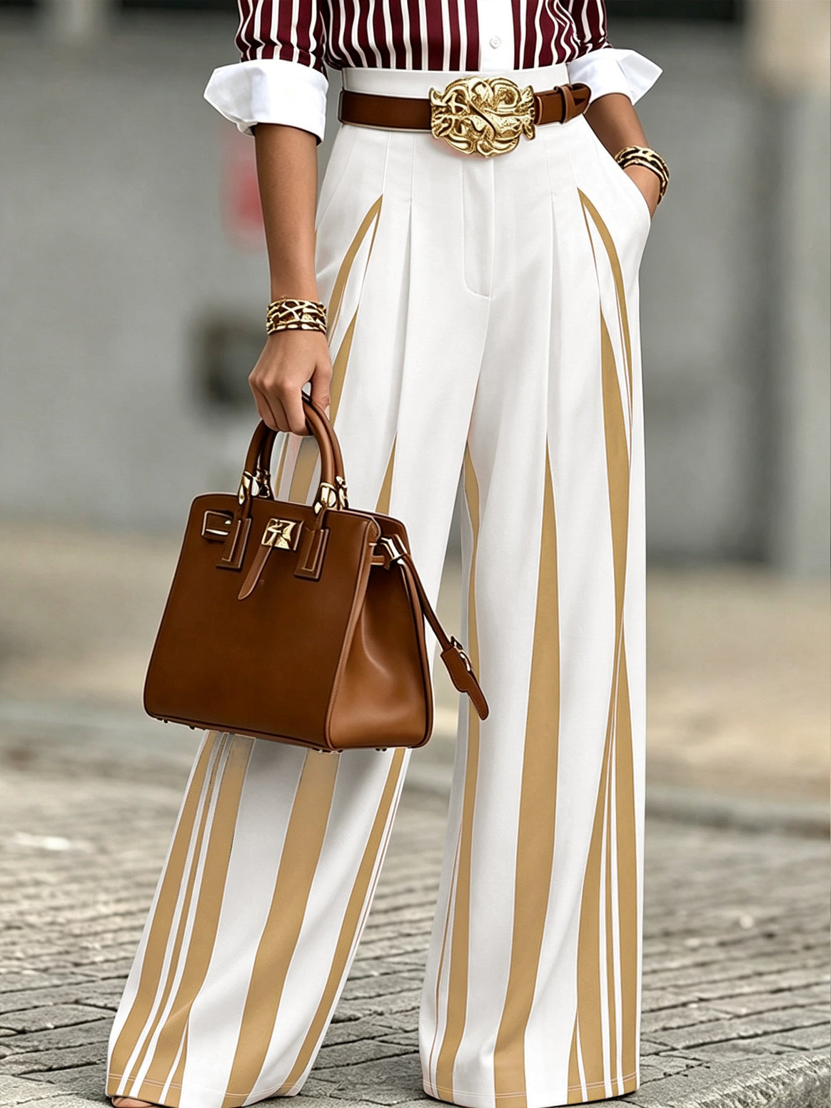 Women's High-Waisted Wide Palazzo Pants with Vertical Stripes and Pleats Mune Fashion