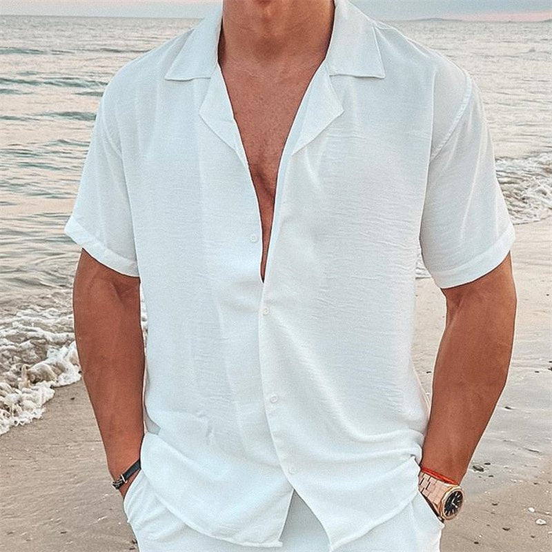 Men's airy beach shirt made of linen blend with lapel collar and open button placket Mune Fashion