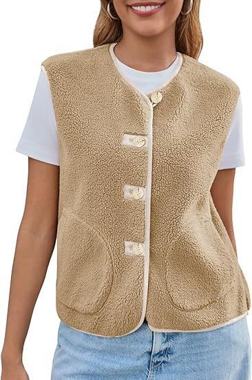 Women's Teddy Fleece Vest with Round Neckline and Button Closure Mune Fashion