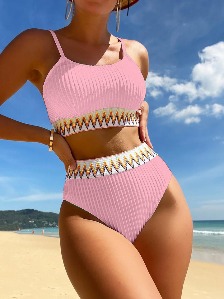Women's High-Waisted Bikini Set with Trendy Ribbed Design and Colorful Accent Mune Fashion