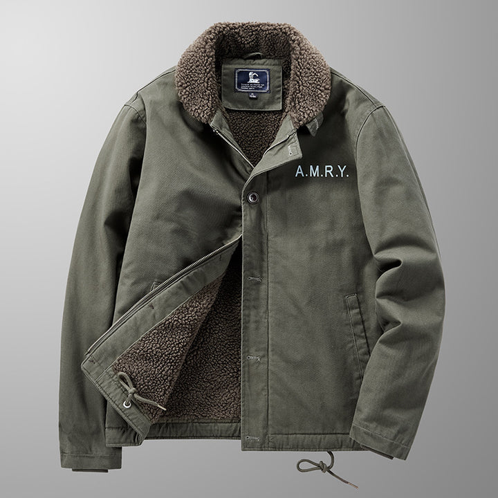 Men's canvas work jacket with Sherpa lining, thermal insulation, and drawstring hem Mune Fashion