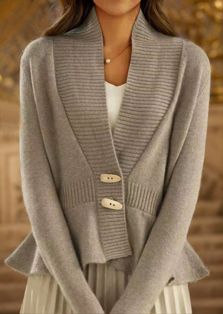 Women's plush knit cardigan with shawl collar, ribbed trim, and narrow flounce Mune Fashion