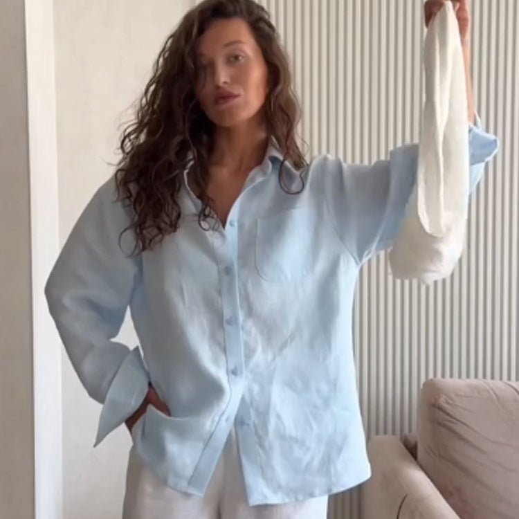 Women's Oversized Linen Shirt Blouse with Chest Pocket and Casual Fit Mune Fashion