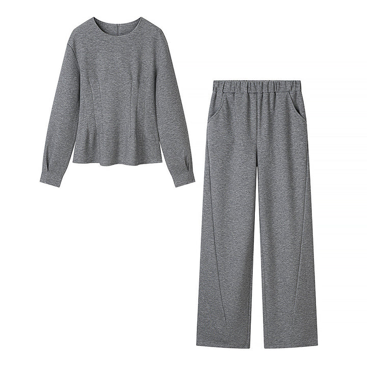 Women's two-piece lounge set made of stretch jersey with round neckline and high-waisted wide-leg pants Mune Fashion