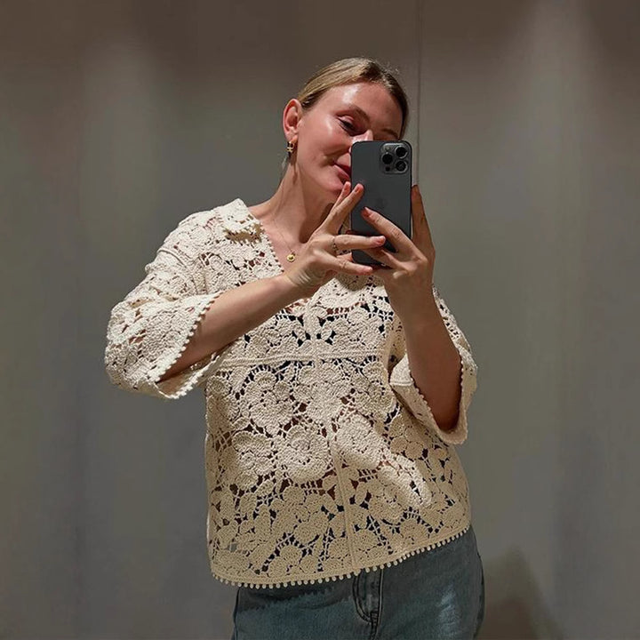 Women's Crocheted Blouse with Floral Openwork Pattern and Three-Quarter Sleeves Mune Fashion