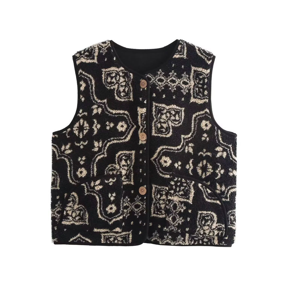 Women's patterned teddy vest in bouclé look with patch pockets Mune Fashion